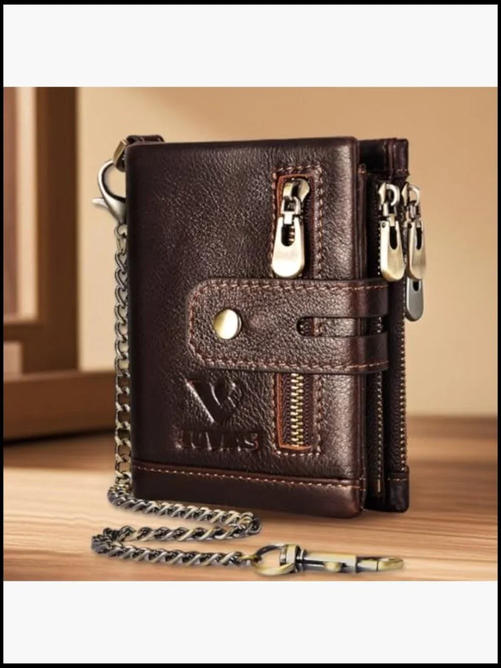 Mens Anti-Theft Chain Wallet Genuine Leather RFID Bifold Wallet with ID Window